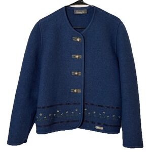 VTG Wesenjak Tirol Notburga Wool Jacket Womens US 12 Blue Austrian Embroidered